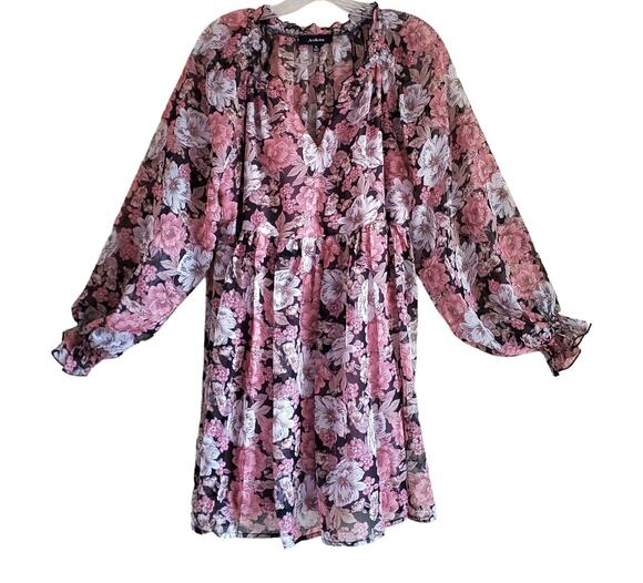 Aakaa Dresses & Skirts - AAKAA Women's S Babydoll Dress Pink Plum Floral Chiffon Balloon Sleeves Ruffles